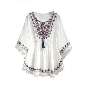 Boho Embroidered Tunic Top Bat Wing Smocked Peasant Top Fringe White Sz L NEW